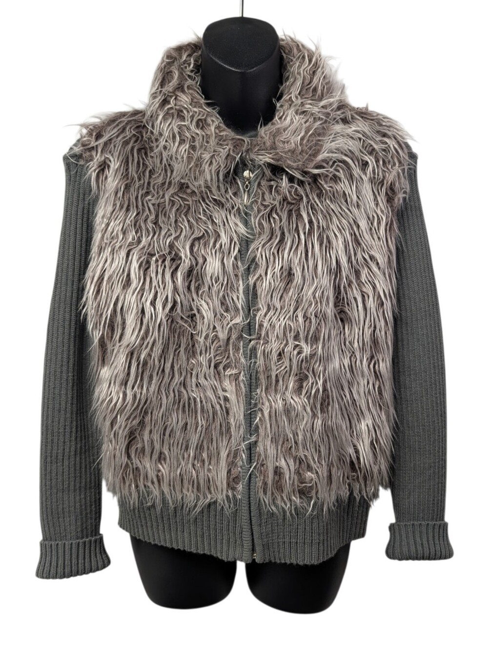 Vice Versa Women's Gray Faux Fur Front Knit Back Full Zip Short Jacket Size M